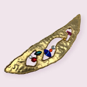 Vintage JJ Jonette 1988 Gold Tone Hammered Jeweled Brooch Brutalist Pin Gift Box